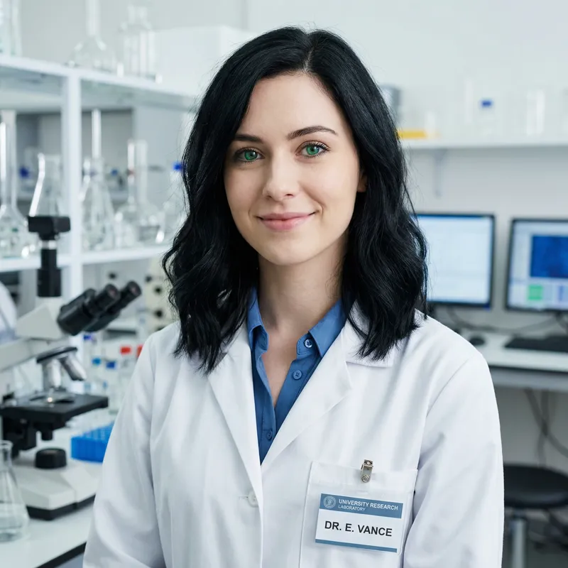24-Year-Old Woman with Wavy Black Hair & Green Eyes in Lab Coat