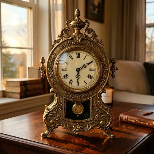 Vintage Brass Mantel Clock with Ornately Carved Design