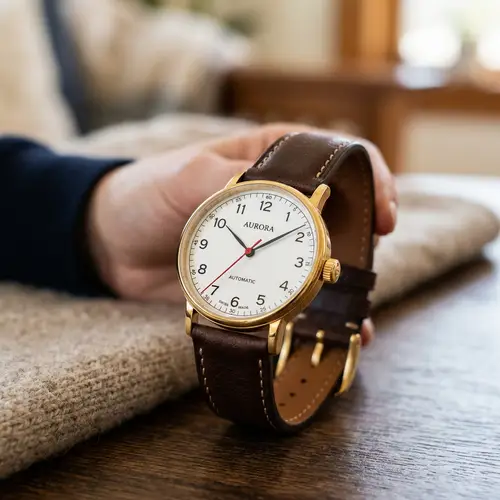 Elegant Gold Rim Wristwatch with Brown Leather Strap