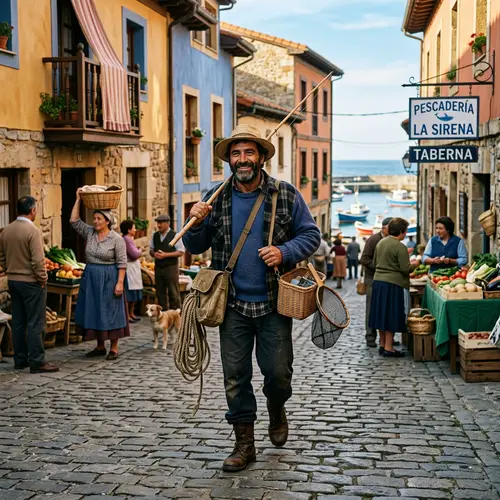 Tranquil Hispanic Fisherman in Bustling Village - Miguel's Simple Life