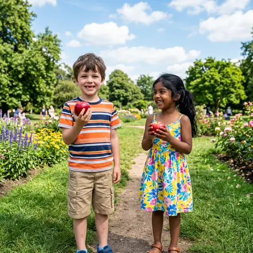 Colorful Outdoor Adventure with Apple-Holding Kids in a Lush Park