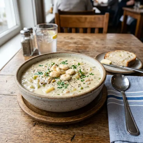 Delicious Clam Chowder in a Bowl on the Table
