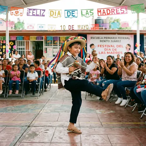 Joyful 7-Year-Old Mexican Boy Dancing at Mother's Day Festival