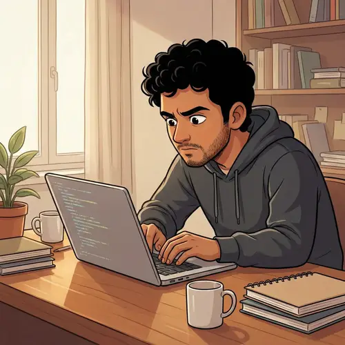 Diverse Cartoon Character in Casual Setting | Modern Computer Setup