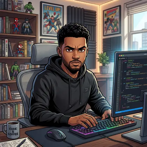 Realistic Medium-Brown Skinned Male Comic Character at Modern Desk