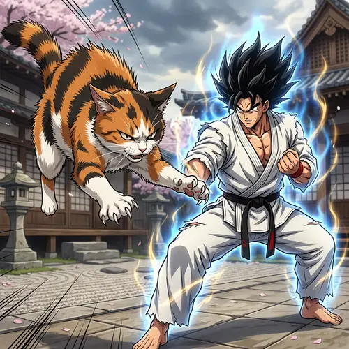 Cat vs. Anime Character: Intense Combat Scene