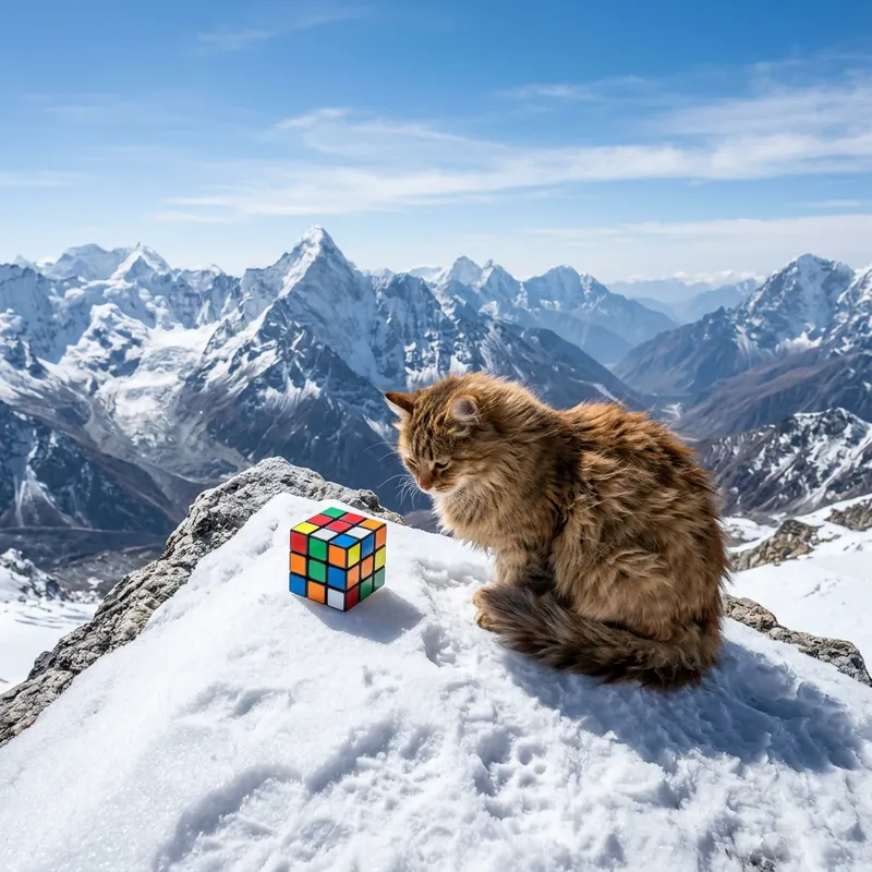 Rubik's Cube on Mountain Peak with a Cat Rubik's Cube on Mountain Peak with a Cat