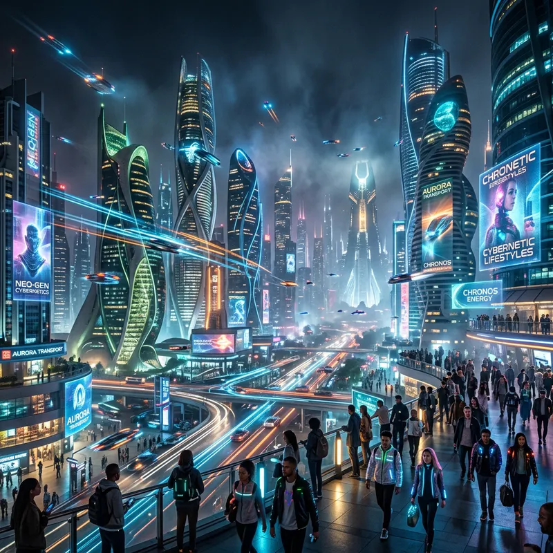 Futuristic Cityscape: Vibrant Architecture & Neon Transport