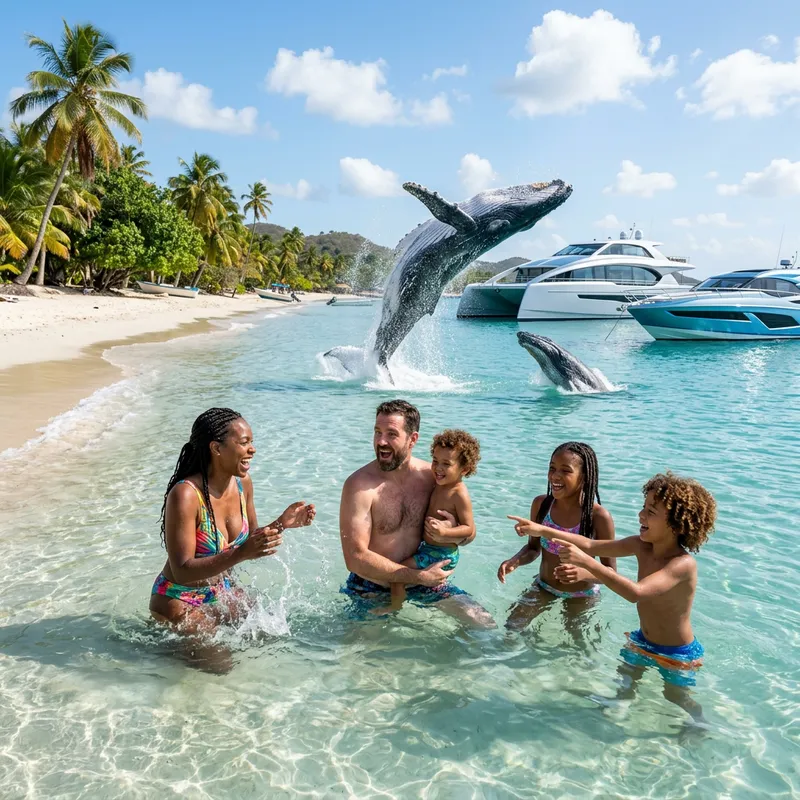 Tranquil Family Fun in Caribbean Sea with Futuristic Boats and Majestic Whales