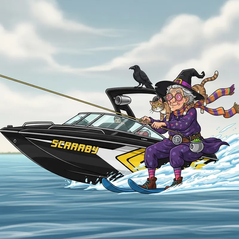 Whimsical Witch on Speedboat Adventure