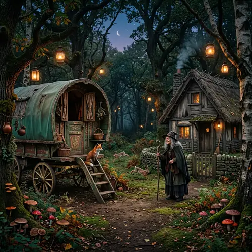 Enchanting Dusky Woodland Scene with Caravan & Cottage