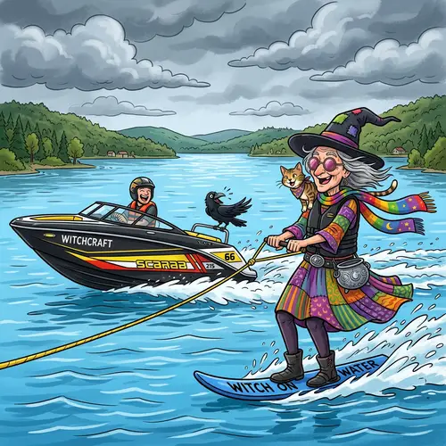 Whimsical Witch on Speedboat Adventure