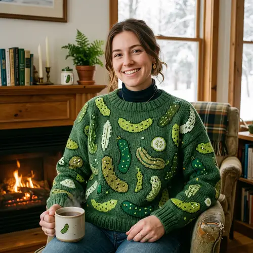 Cozy Winter Sweater with Playful Pickle Pattern | Green Shades