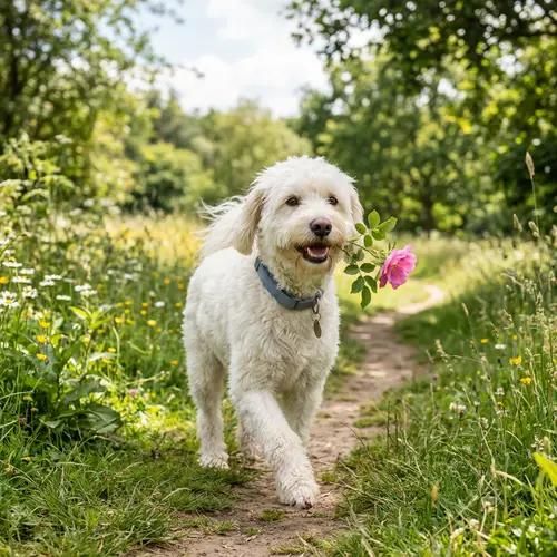Medium White Dog Carrying a Flower