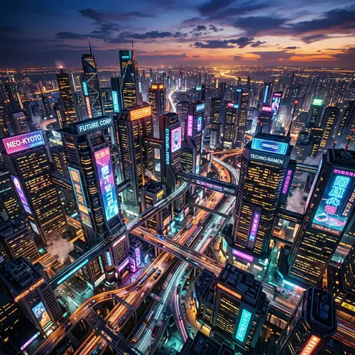 Vibrant Cyberpunk Cityscape at Dusk - Aerial View with Bold Colors