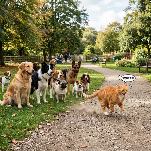 Brave Orange Cat Plays in Dog-Filled Park