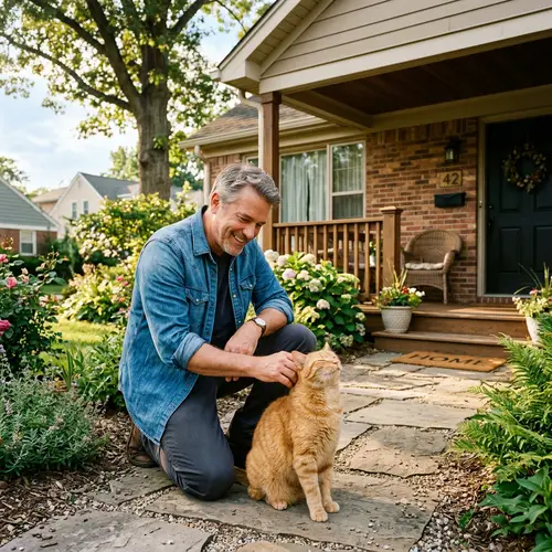 Father Petting an Orange Cat in Denim Shirt