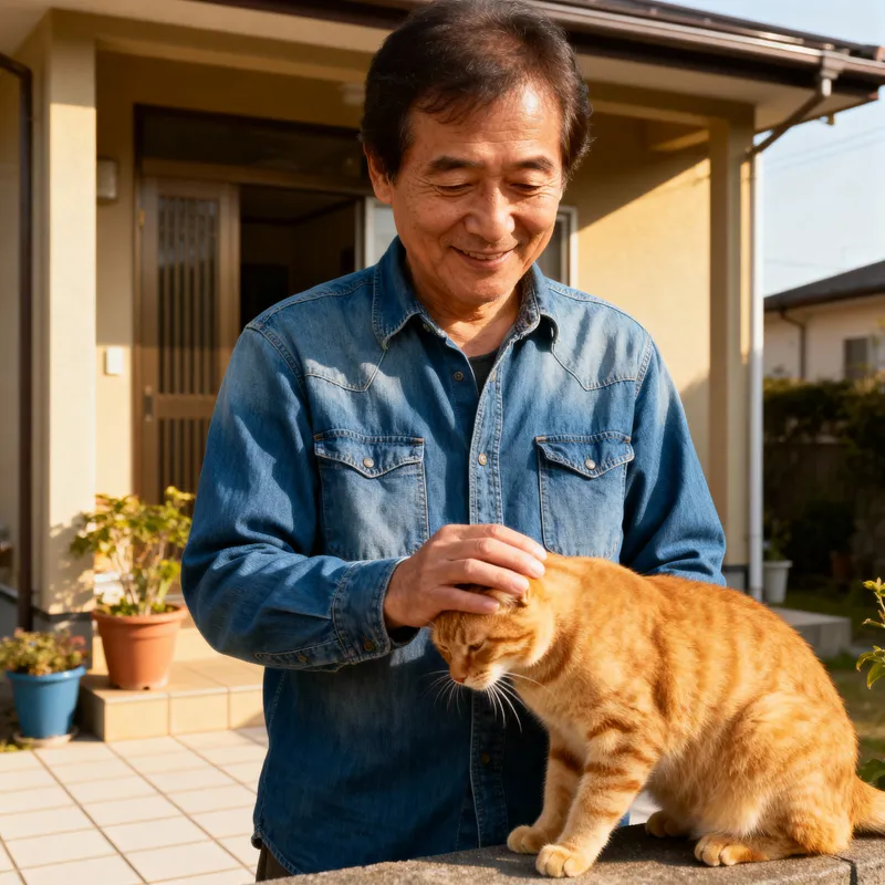 Father Petting an Orange Cat in Denim Shirt