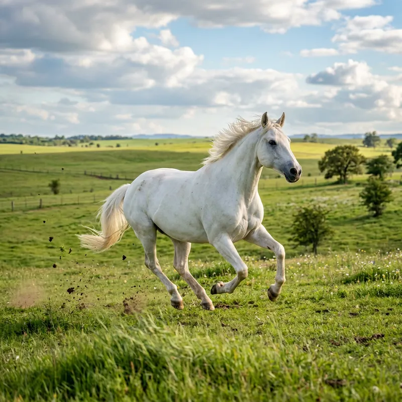 Majestic White Thoroughbred Horse Galloping Freely in Vast Meadow - Dynamic Equine Photography Majestic White Thoroughbred Horse Galloping Freely in Vast Meadow - Dynamic Equine Photography
