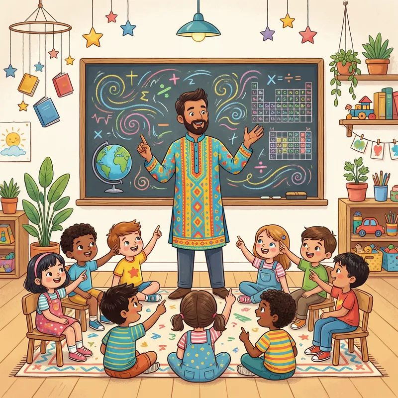 Whimsical Teacher Illustration - Colorful and Vibrant Setting with Diverse Students