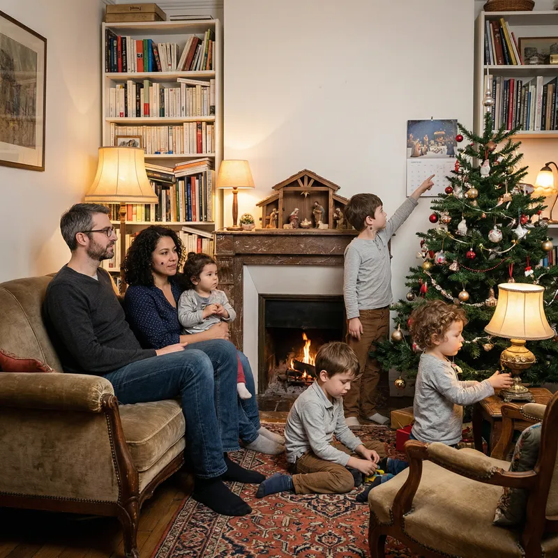 French Christmas Family of 5 - Father, Mother, and three sons in Parisian-style Living Room French Christmas Family of 5 - Father, Mother, and three sons in Parisian-style Living Room
