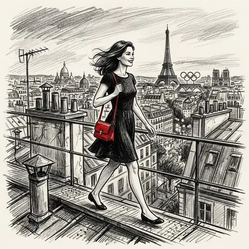 Parisian Woman Walking on Rooftops | Stunning Pencil Art
