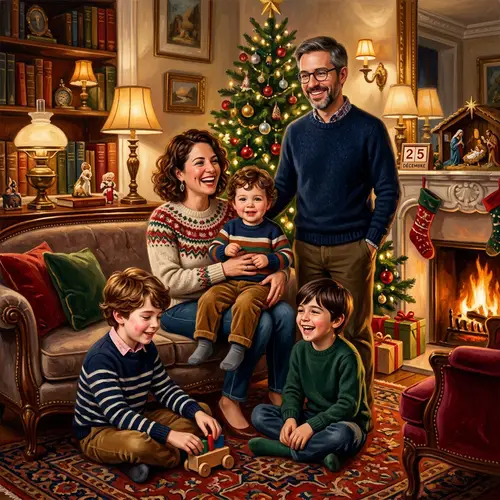 French Family Christmas Illustration in Oil Painting Style