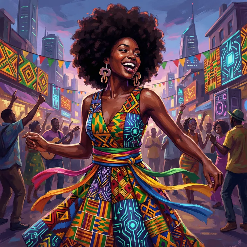 Vibrant Afrofuturism Art: Bold Young Woman in Traditional African Attire