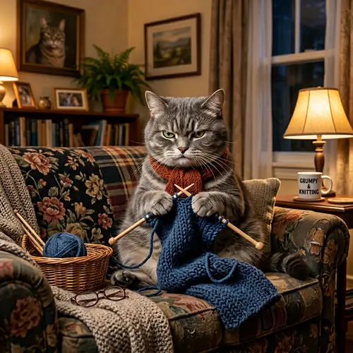 Angry Gray Cat Knitting on Sofa - Humorous Art