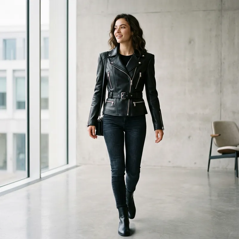 Chic Women's Leather Jacket with Structured Shoulders