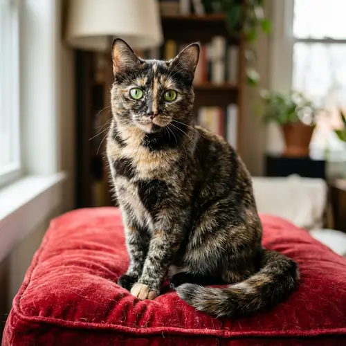 Striking Dark and Light Pattern Cat on Red Cushion