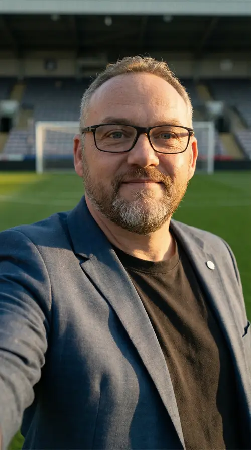 Cinematic Selfie of a Middle-Aged Man in Sports Setting