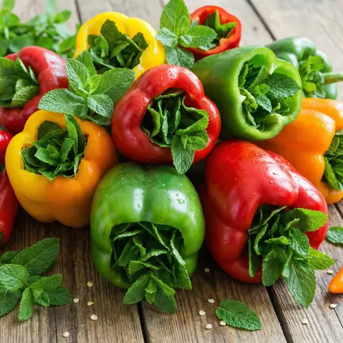 Vibrant Peppers with Fresh Mint Leaves | Colorful and Inviting