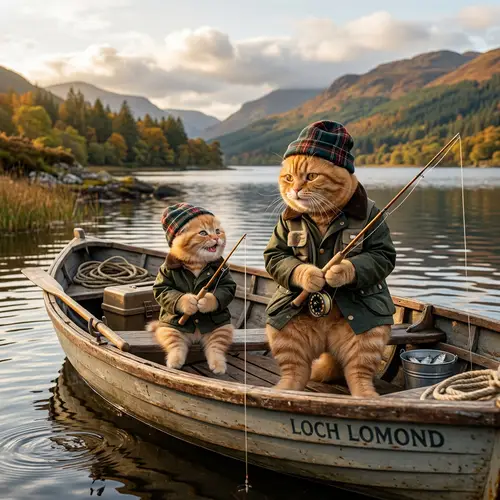 Fishing Fun: Father and Son Cats in a Boat