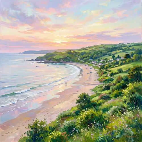 Tranquil Coastal Landscape at Sunrise | Impressionist Digital Painting