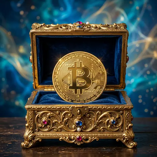 Antique Gold Casket with Bitcoin Coin on Blue Background