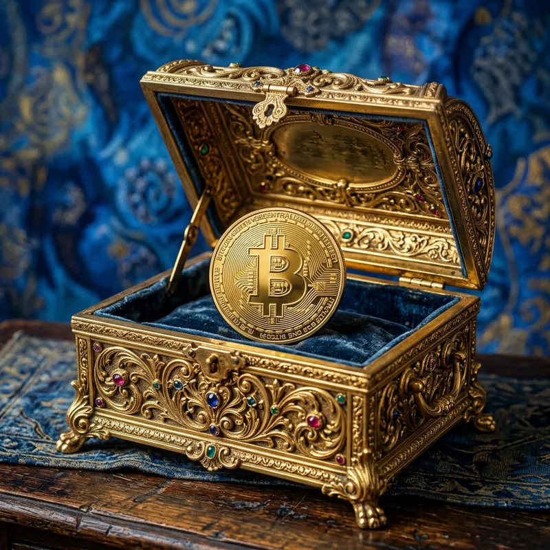 Gold Antique Casket with Bitcoin Coin - Unique Design Gold Antique Casket with Bitcoin Coin - Unique Design