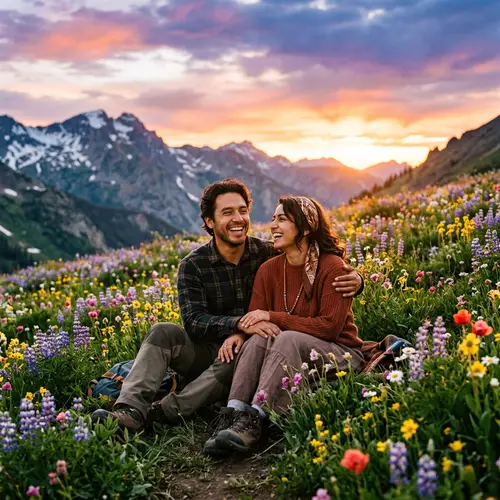 Radiant Spring Moment: Hispanic Man & Middle-Eastern Woman on Mountain at Sunset