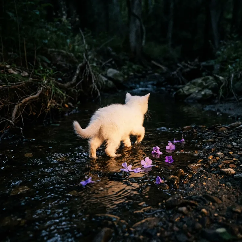 White Kitten Strolling in Shallow Creek at Night, Ethereal Beauty White Kitten Strolling in Shallow Creek at Night, Ethereal Beauty