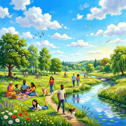 Tranquil Day in Vibrant Meadow: Birds, Trees, and Diversity