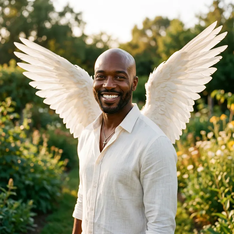 Seductive African-American Man with Angel Wings and Immaculate Smile