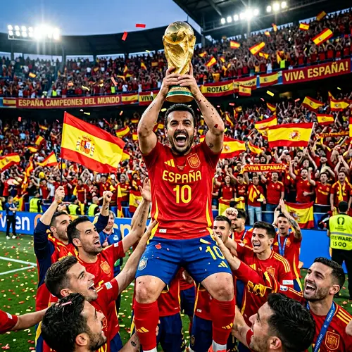 Spanish Dwarf Football Champion Celebrating Victory with Golden Trophy