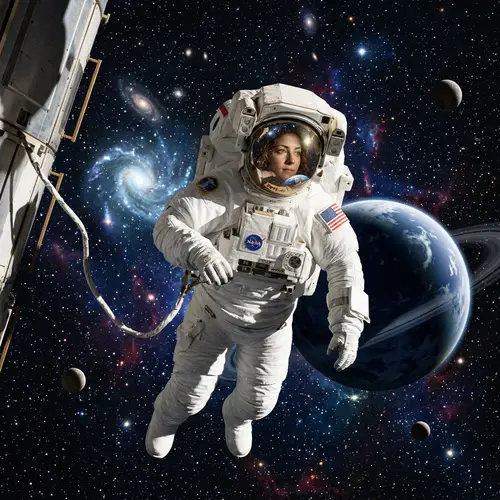 Realistic Woman Walking in Outer Space - Astronaut Artwork