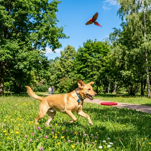 Playful Dog Running in Sunny Park | Mixed Breed Pup Chasing Red Disc