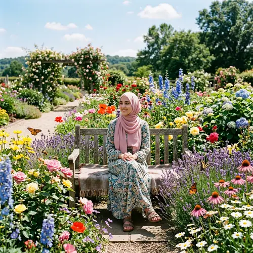 Girl in Hijab Sitting in Flower Garden