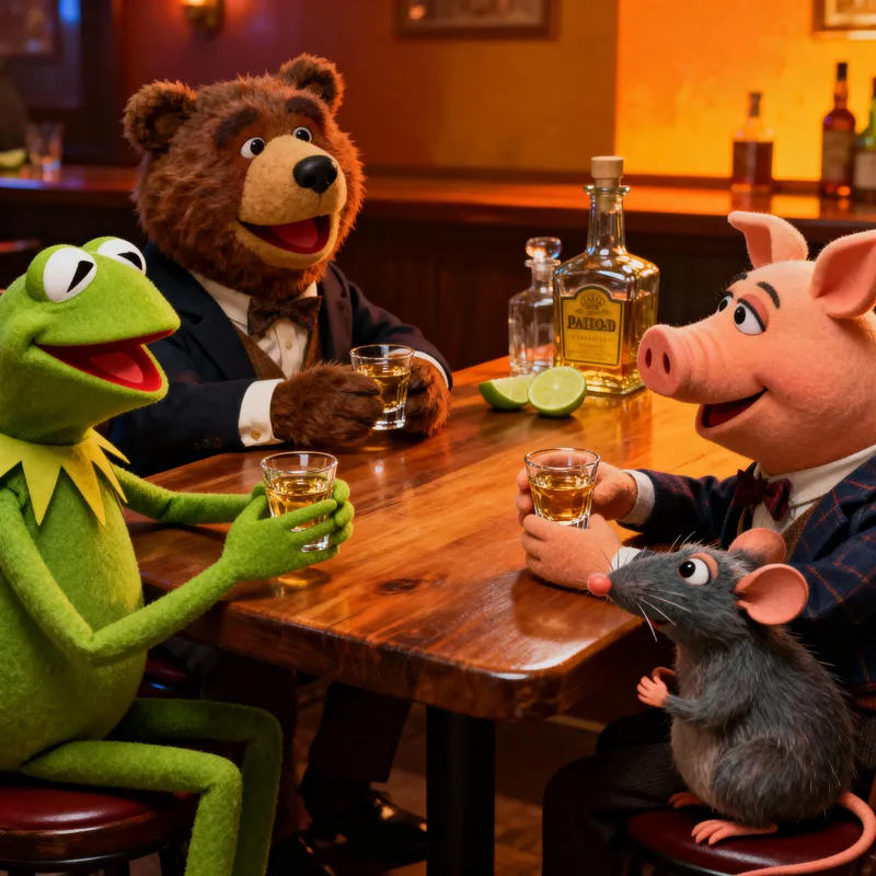 Realistic Muppets Version: Four Friends Enjoying Tequila