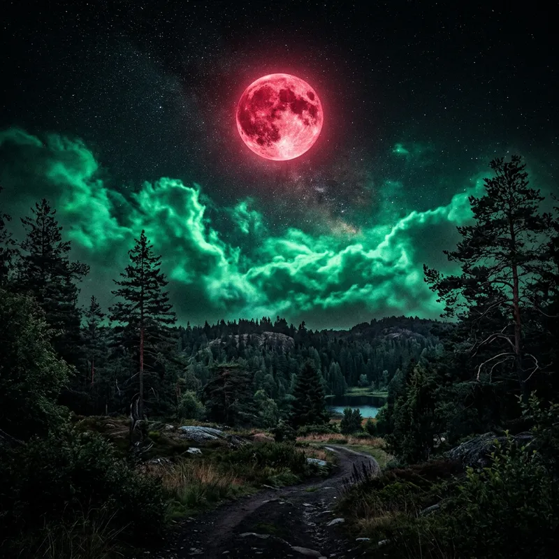 Enchanting Night Sky - Black Moon, Green Clouds & Forest