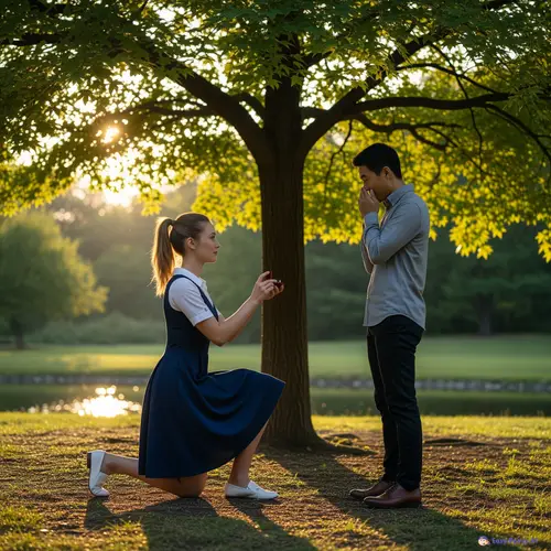 Romantic Proposal in a Serene Park Setting