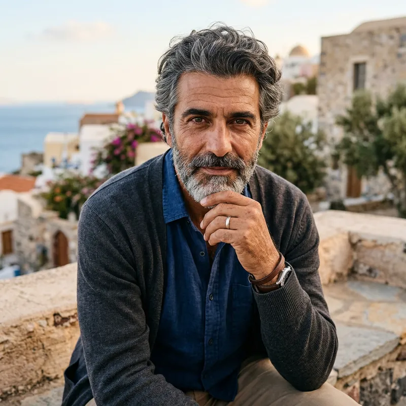 Comprehensive Portrait of a Wise Mediterranean Man in His 40s