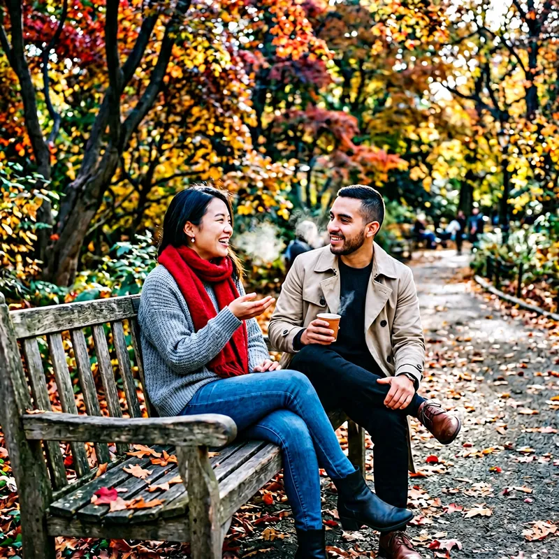 Autumn Park Bench - Young Asian Woman and Hispanic Man Enjoying Conversation Autumn Park Bench - Young Asian Woman and Hispanic Man Enjoying Conversation